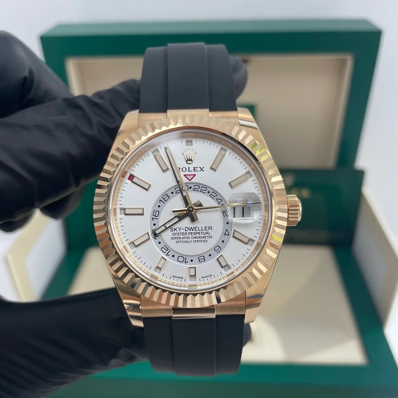 RLX  Sky-Dweller 42mm Yellow Gold White Dial Oysterflex - 336238