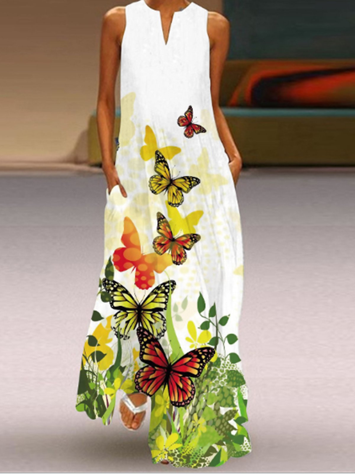 V-neck printed floral casual dress