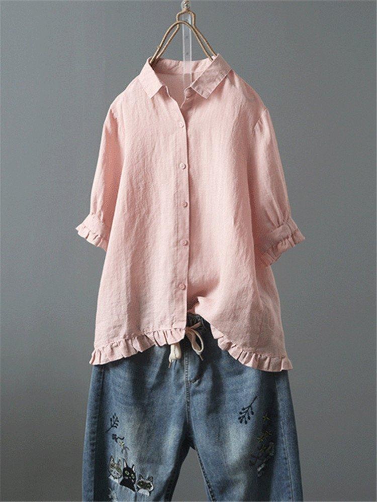 Solid Casual 3/4 Sleeve Turn-down Collar Casual Tops
