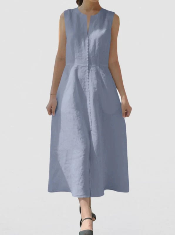 V-Neck Waisted Cotton And Linen Hem Slit Sleeveless Dress