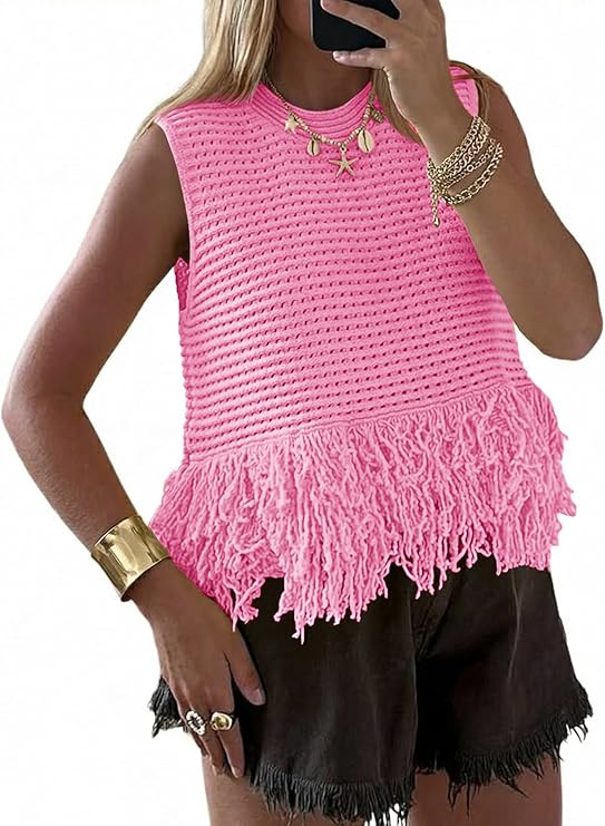 Womens Crochet Crop Tank Tops Sleeveless Fringe Crew Neck Trendy Boho Knit Summer Sweater Vest