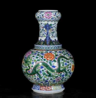31CM Qianlong Signed Old Chinese Doucai Vase W/dragon N3469