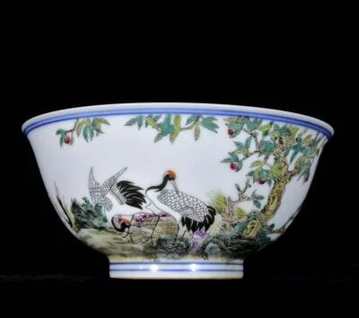 Pair Qianlong Signed Old Chinese Colour Enamel Cup W/crane N3315