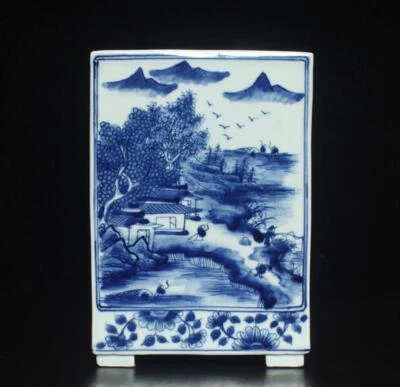 Kangxi Signed Chinese Blue & White Porcelain Brush Pot w/landscape