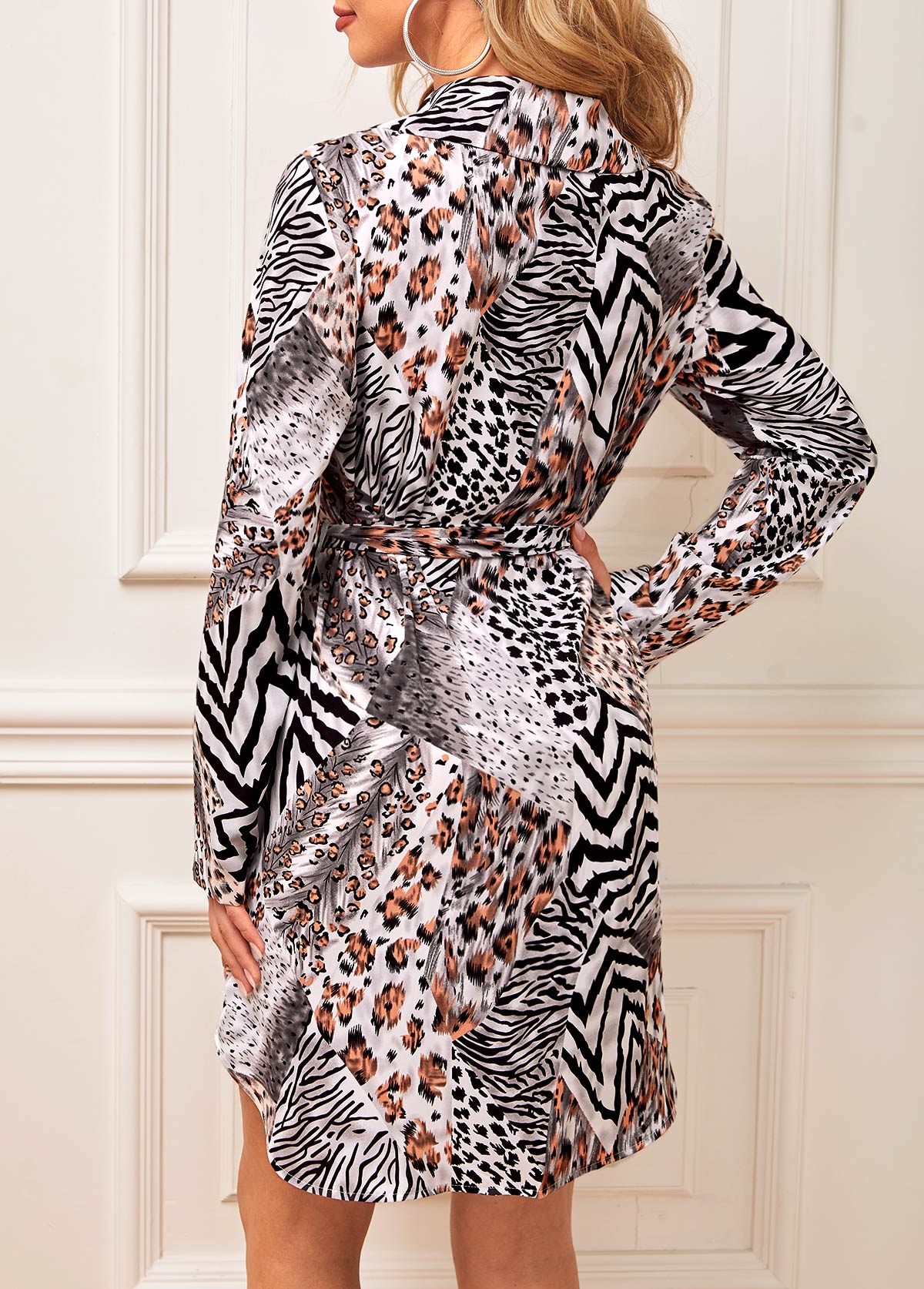 Belted Animal Pattern Turndown Collar Dress