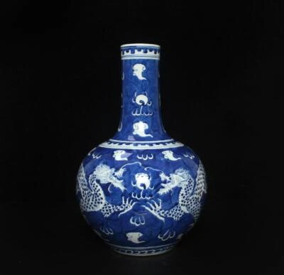 37CM Kangxi Singed Old Chinese Blue and White Vase W/dragon