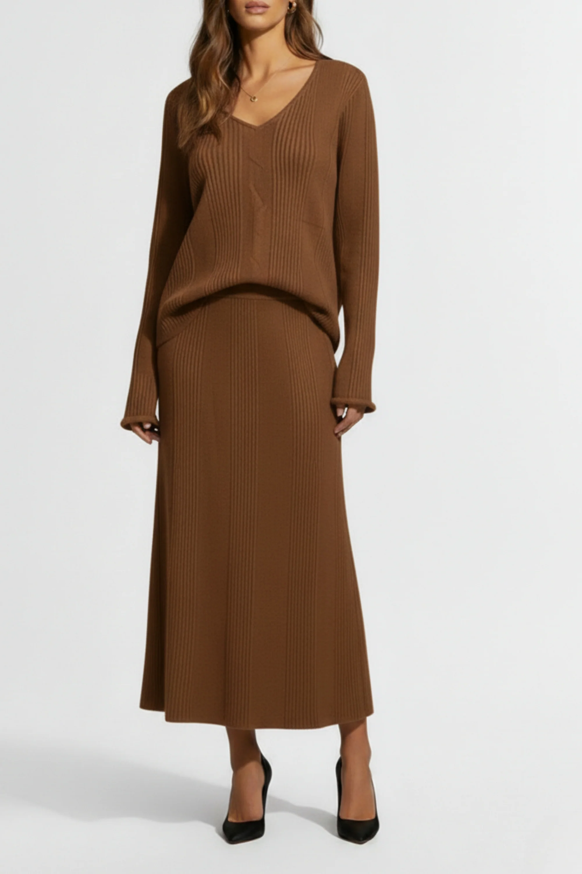 Mocha Ribbed Skirt Co-ord Set
