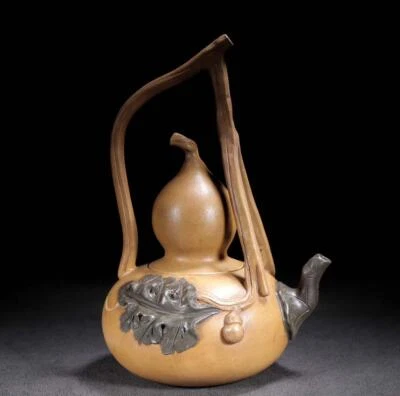 Jiang Rong Signed Old Chinese Handmade Yixing Zisha Teapot w/gourd