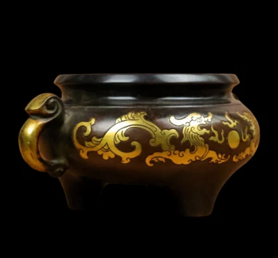 Xuande Signed Old Chinese Red Copper Handmade Incense Burner w/dragon N3874