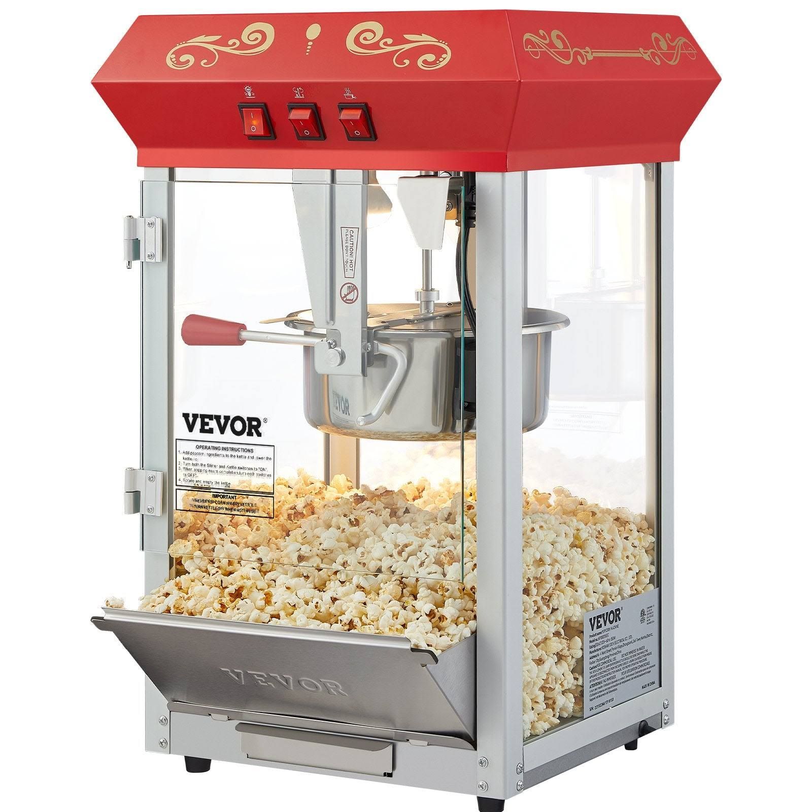 Macchina per Pop Corn 850 W,VEVOR Dispositivo Elettrico da Banco,Ciotola Grande 227 g per 48 Tazze,Vetro Temperato,4 Cucchiai,Stile Cinema,Rosso