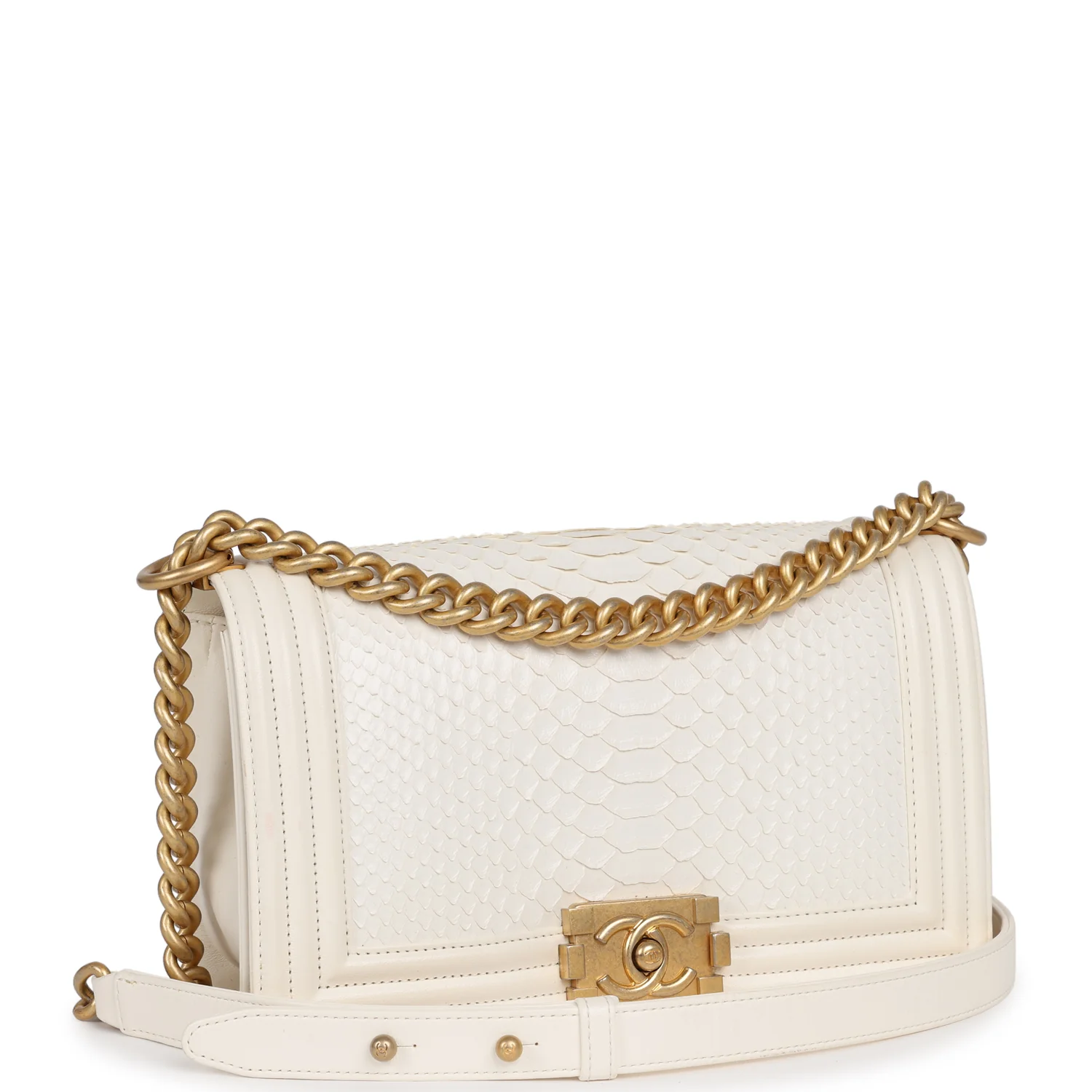 Chanel Medium Boy Bag Ivory Python Antique Gold Hardware
