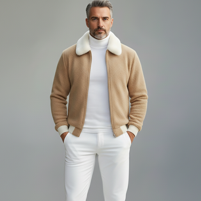 Men's Camel Furry Collar Long Sleeve Pockets Sherpa Zip-Up Jacket