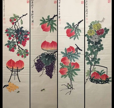 Four Qi Baishi Signed Chinese Hand Painted Calligraphy Scroll w/peach N4060