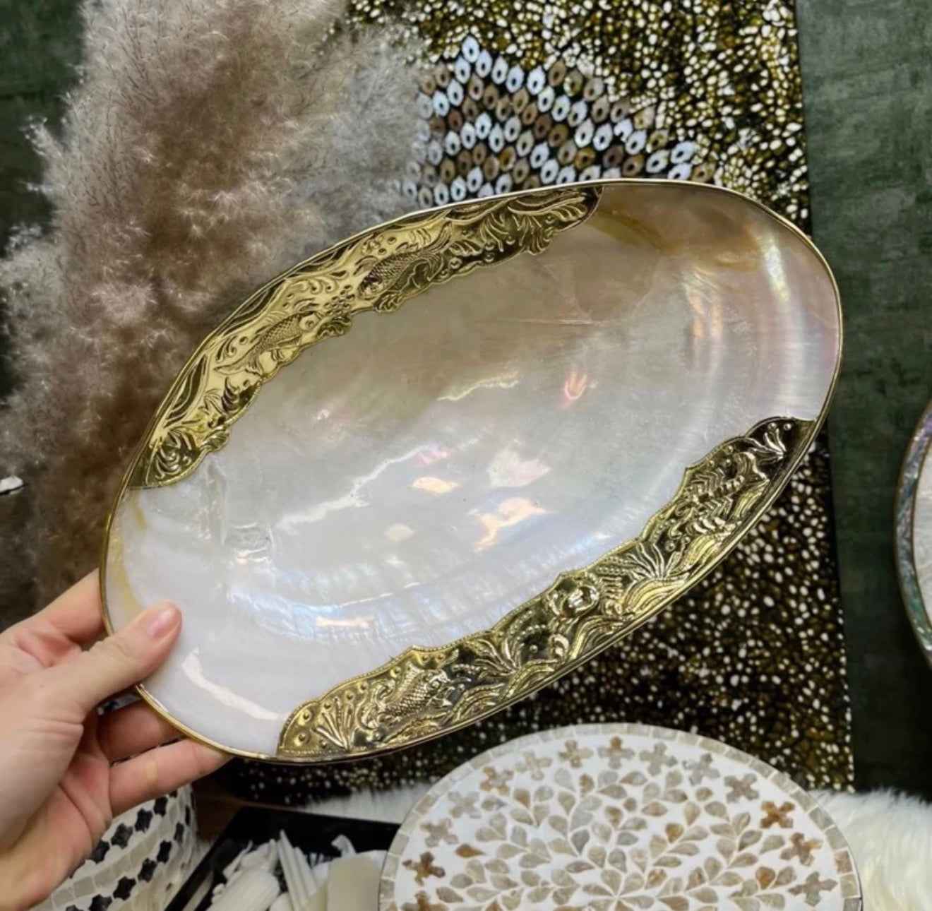 Natural Shell Catchall Tray | Handcrafted Gold & Silver Gilded Edge Jewelry Dish