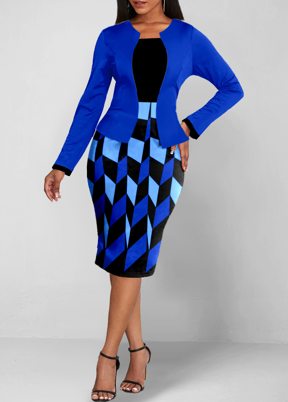 Geometric Print Bodycon Dress and Royal Blue Cardigan