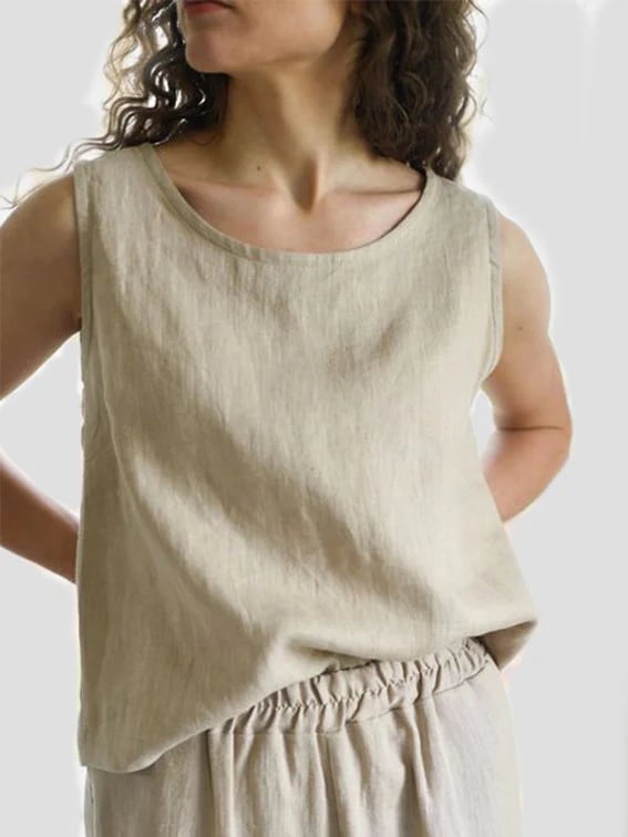 O-neck loose cotton linen top