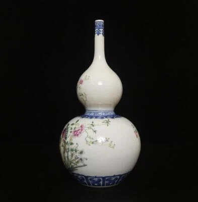32CM Qianlong Signed Antique Chinese Famille Rose Gourd Vase W/bird