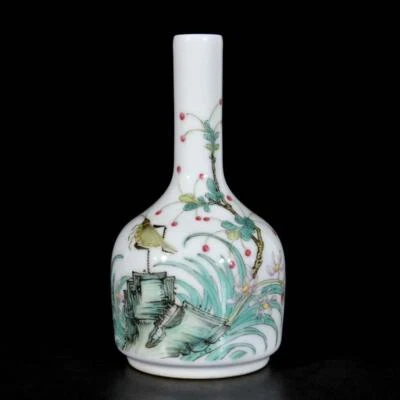 Pair Qianlong Signed Old Chinese Colour Enamel Vase W/orchid N3436
