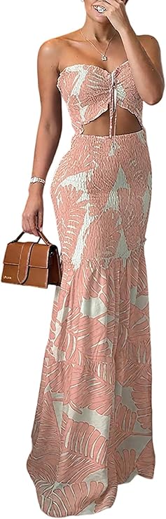 Floral Printed Prom Dress Tie Ruched Shirred Bandeau Party Dress Slim Fit Ruffle Hem Vacation Dresses