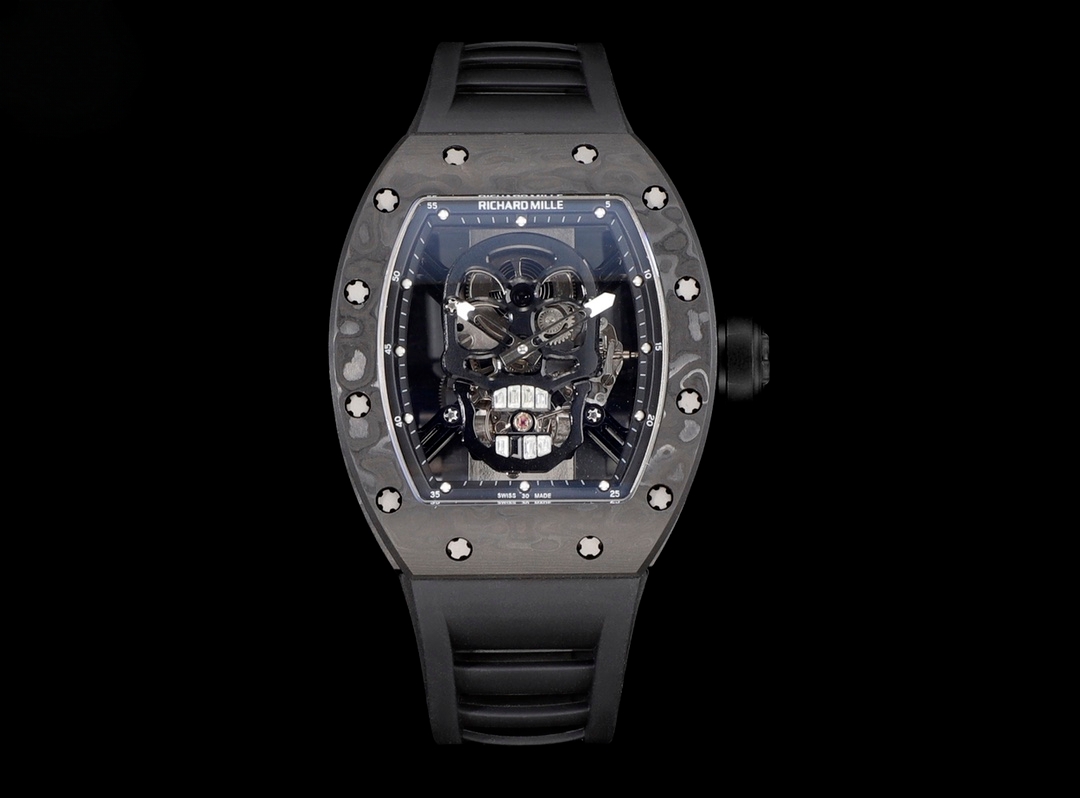 【7A Quality】Best Richard Mille RM 052 Replica Black Carbon Fiber Case Watch – Men’s Luxury Watch With Skeleton Skull Dial
