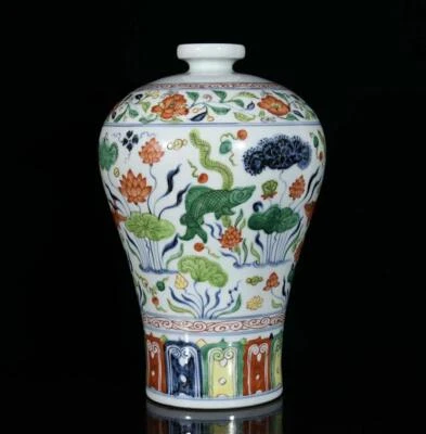 30CM Xuande Signed Old Chinese Wucai Vase W/fish N3109