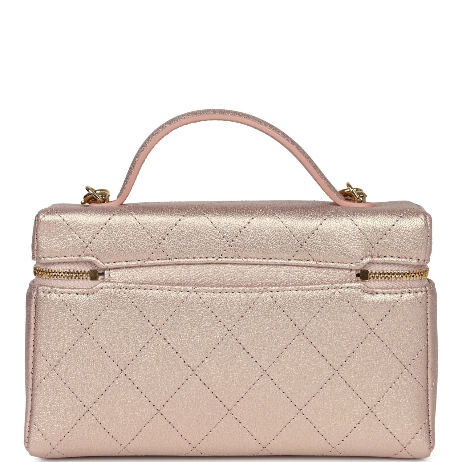 Chanel Top Handle Long Vanity Case with Chain Pink Iridescent Grained Goatskin Gold Hardware