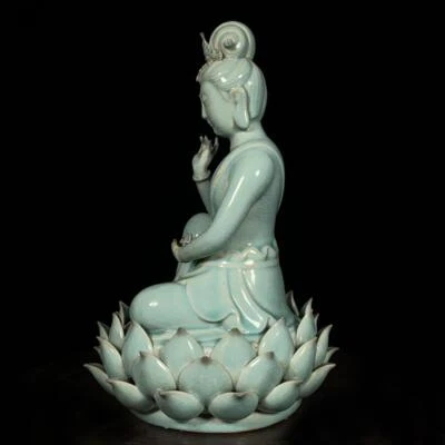 27.5CM Old Chinese Song Ru Yao Ru Kiln Statue w/Guanyin Buddha CK749