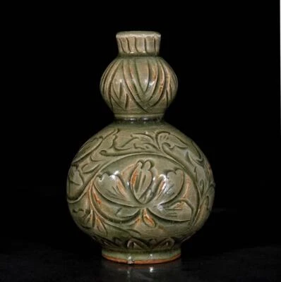 Old Chinese Song Yaozhou Kiln Gourd Vase w/flower N3698