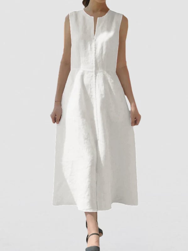 V-Neck Waisted Cotton And Linen Hem Slit Sleeveless Dress