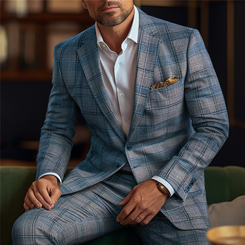 Business Plaid Pattern Notch Lapel Two Button Welt Pocket Blazer