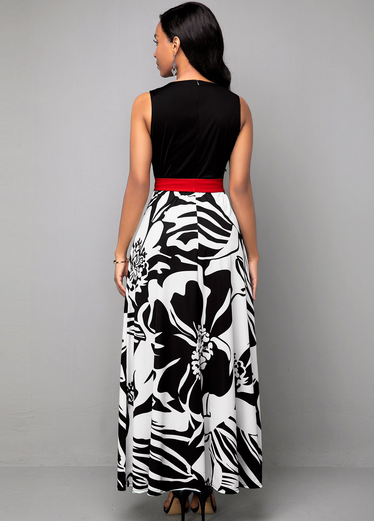 Belted Flower Print Round Neck Dress