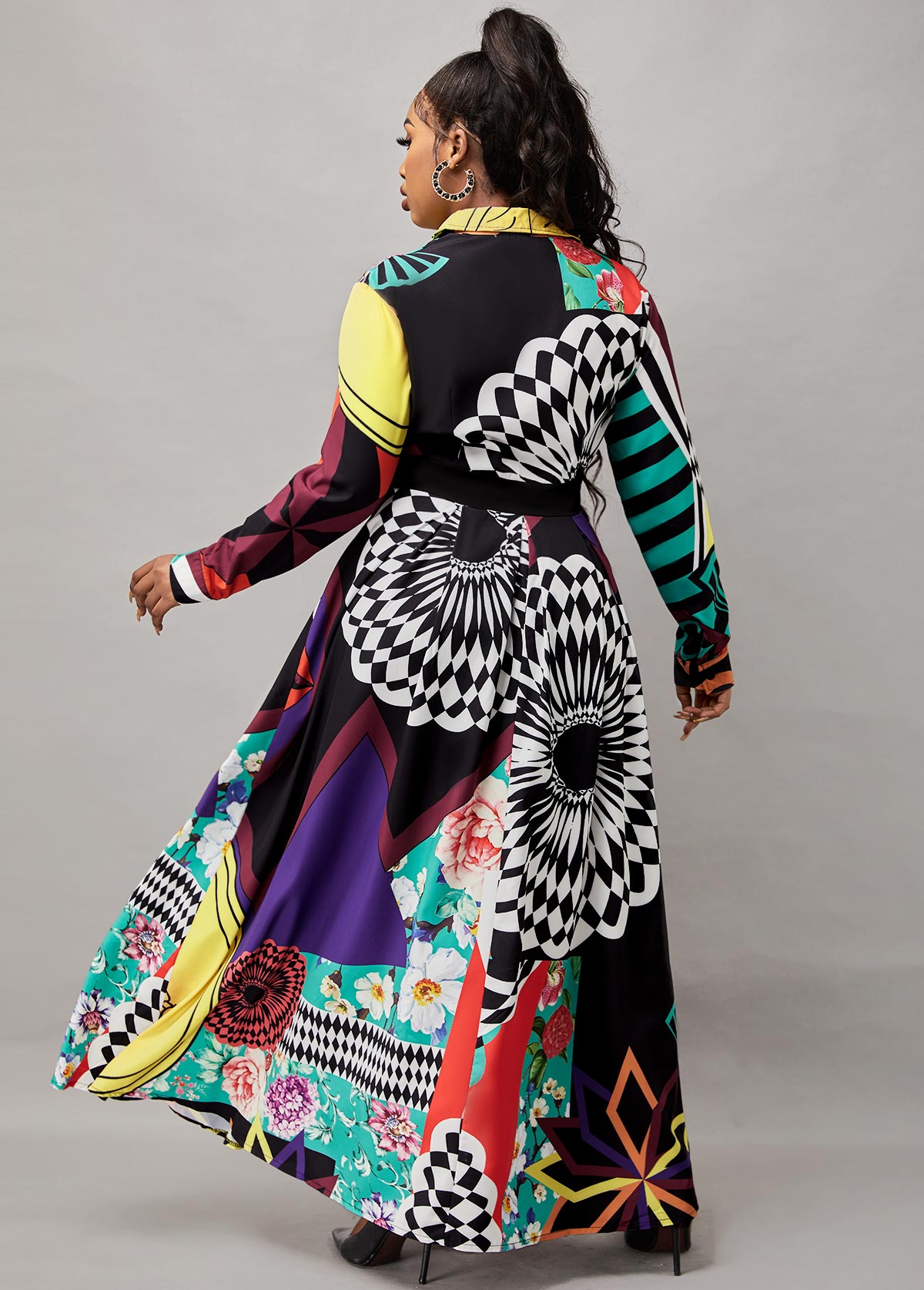 Printed Button Up Long Sleeve Turndown Collar Dress