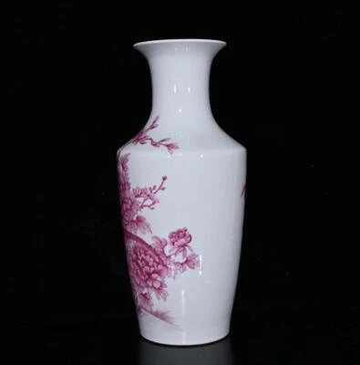 44CM Yongzheng Signed Old Chinese Carmine Vase W/bird N10