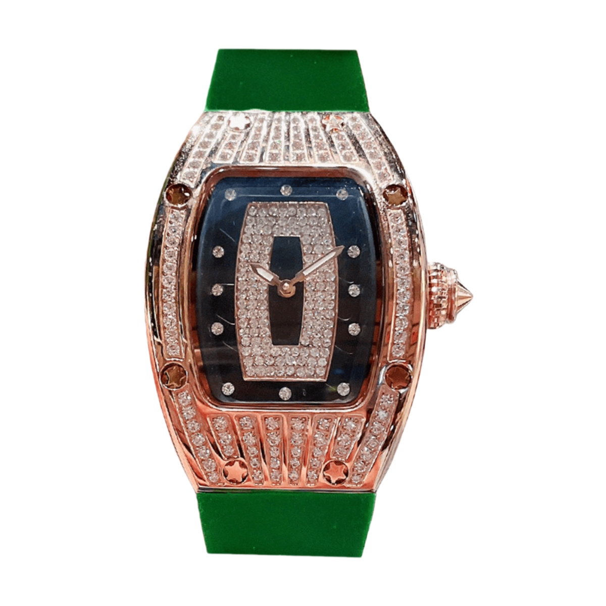 【7A Quality】Luxury Replica Richard Mille RM 007 Ladies Diamond Set Green Strap Watch – Black Dial, Green Rubber Strap