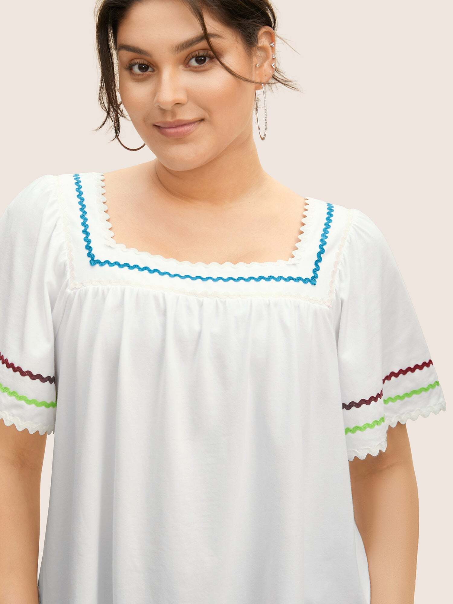 Square Neck Woven Ribbon Contrast Ruffle Sleeve T-shirt