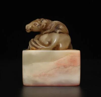 Signed Old Chinese Shoushan Stone Seal Stamp Statue w/horse 329g