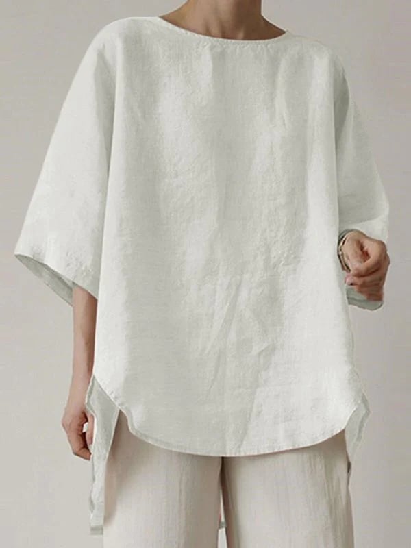 Cotton And Linen Solid Color Retro Round Neck Fashion Loose Top