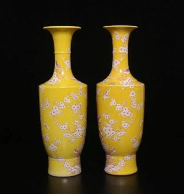32CM Pair Kangxi Signed Antique Chinese Famille Rose Vase W/bird