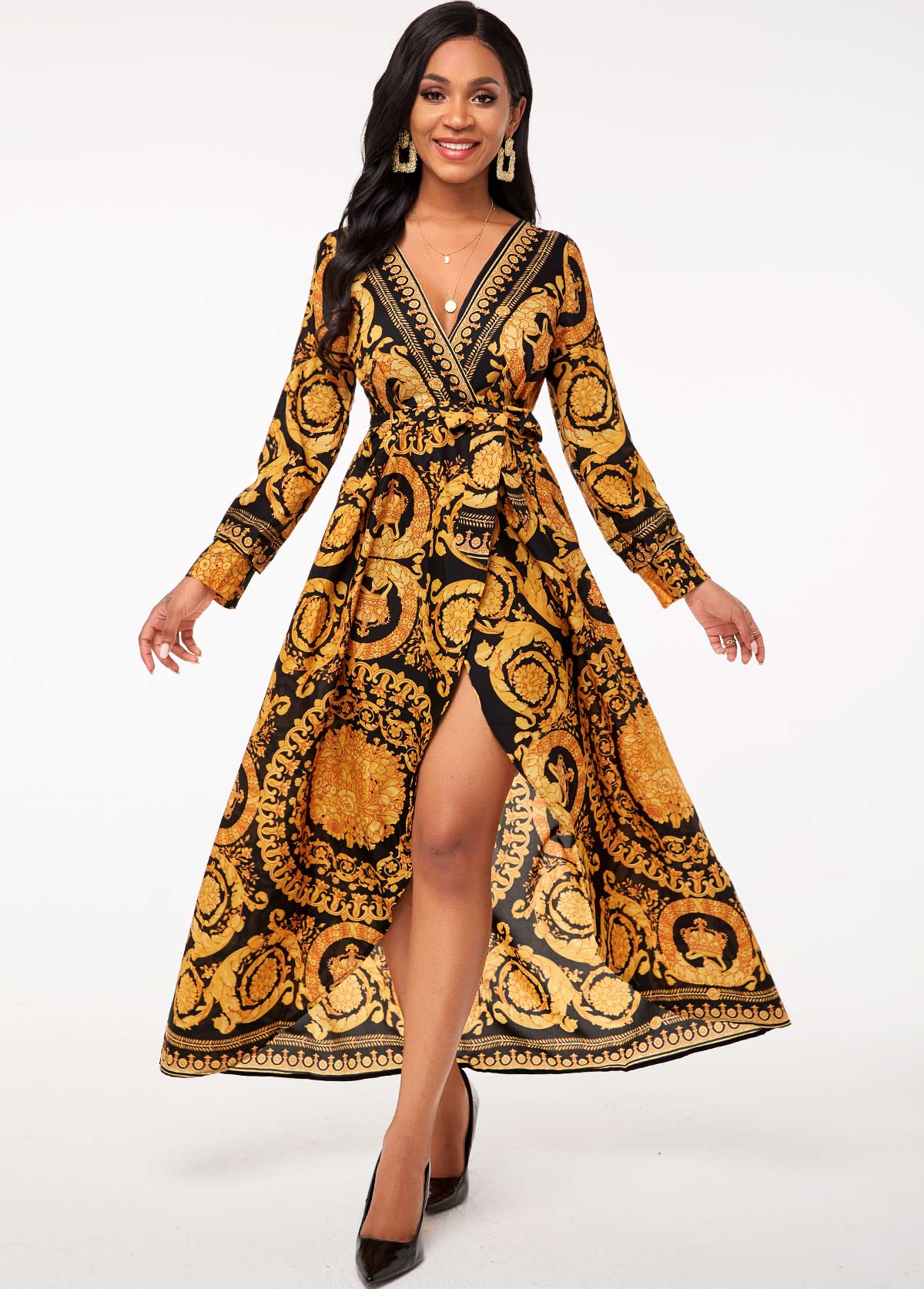 Belted Bohemian Print V Neck Dress