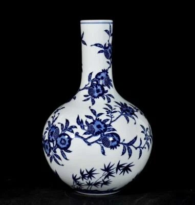 39CM Qianlong Singed Old Chinese Blue and White Vase W/pomegranate N3396