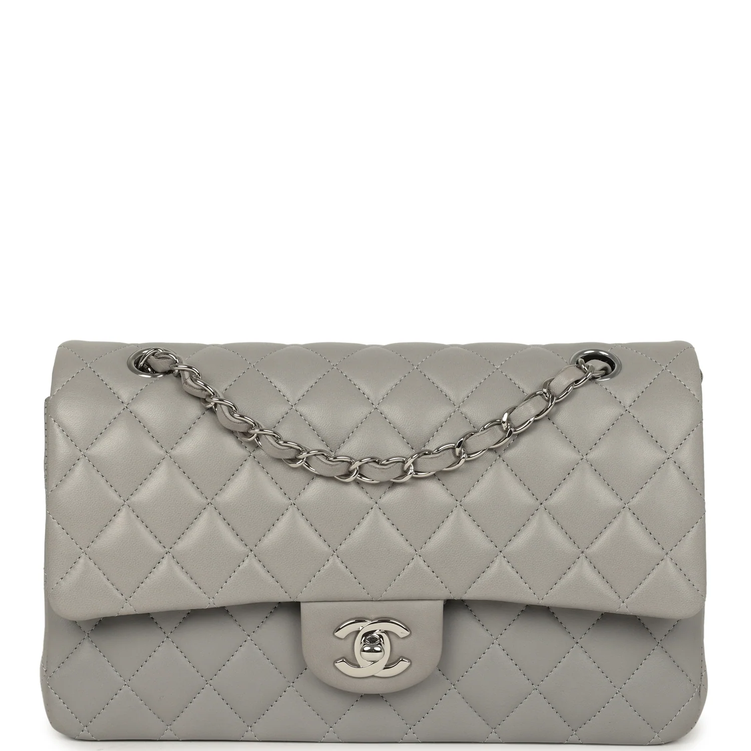 CHANEL Medium Classic Double Flap Bag Light Grey Lambskin Silver Hardware