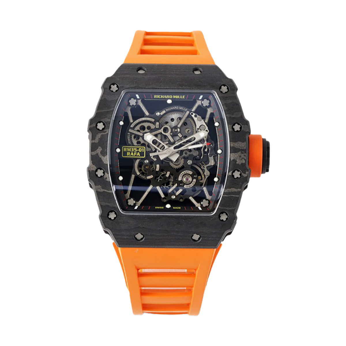【7A Quality】Swiss Super Clone Richard Mille RM 35-01 with NTPT Carbon Fiber Case, Orange Silicone Strap
