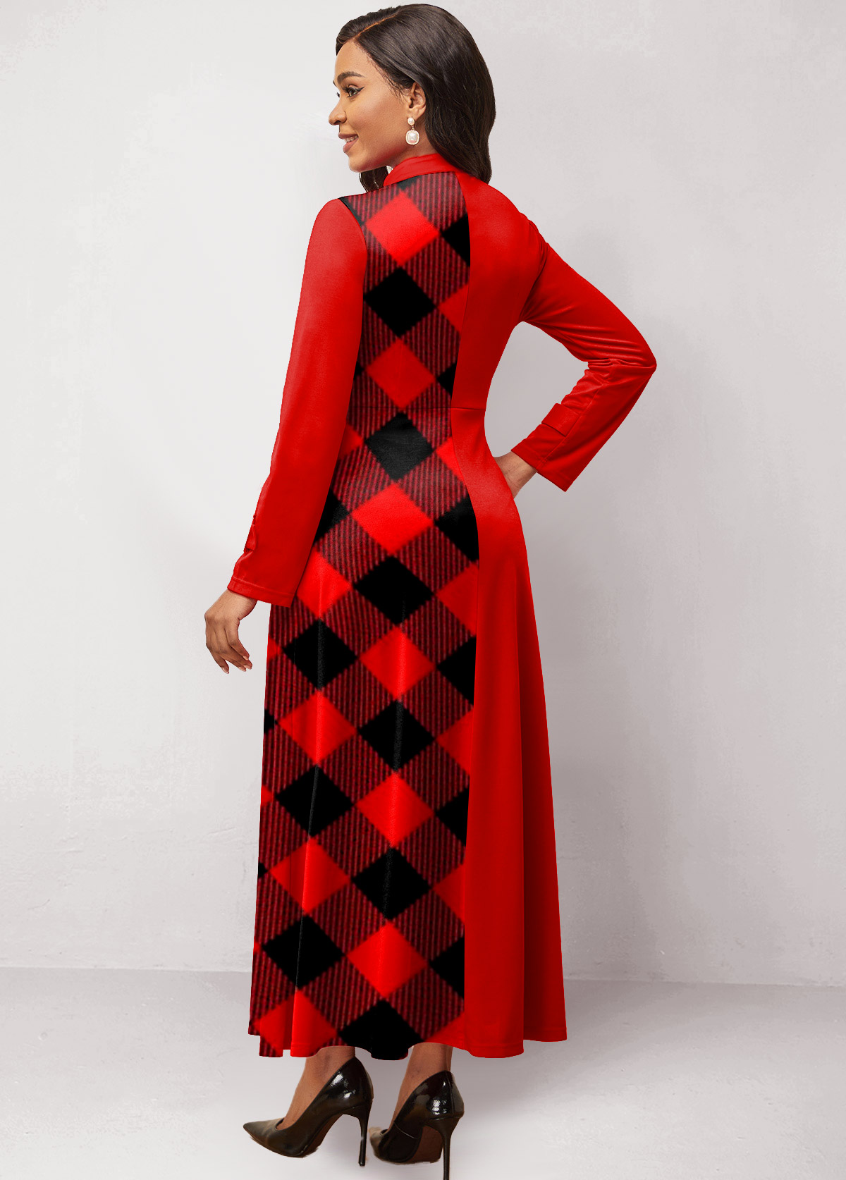 Plaid Patchwork Stand Collar Maxi Dress