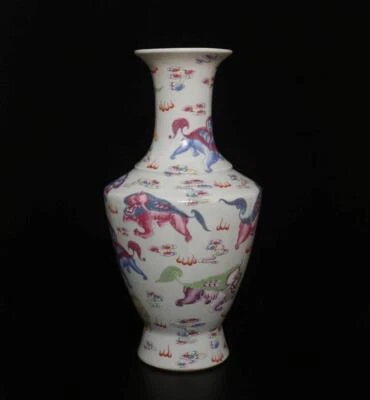 43.5CM Kangxi Signed Antique Chinese Famille Rose Vase W/lion