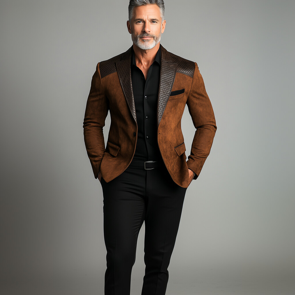 Men's Business Suede Splicing PU Leather Lapel Collar One Button Blazer