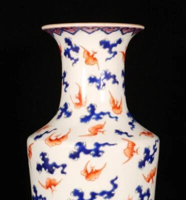 28CM Kangxi Signed Old Chinese Blue and White Vase W/bat N1515