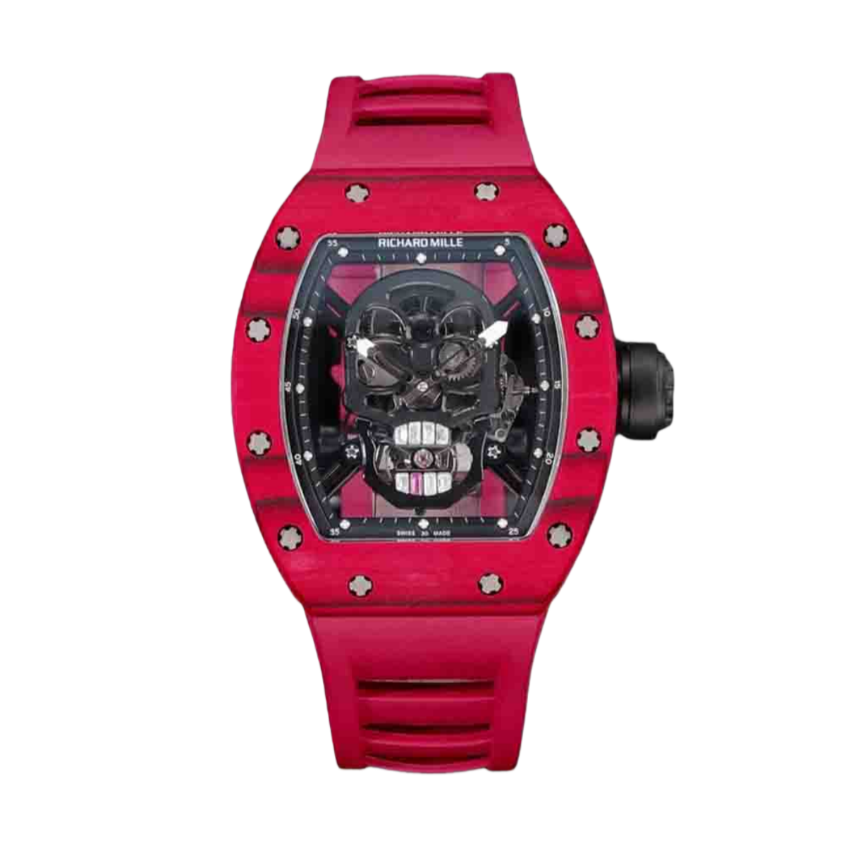【7A Quality】Best Richard Mille RM52-01 Replica - Red Rubber Strap, Skeleton Dial, Swiss Tourbillon, Carbon Fiber Case