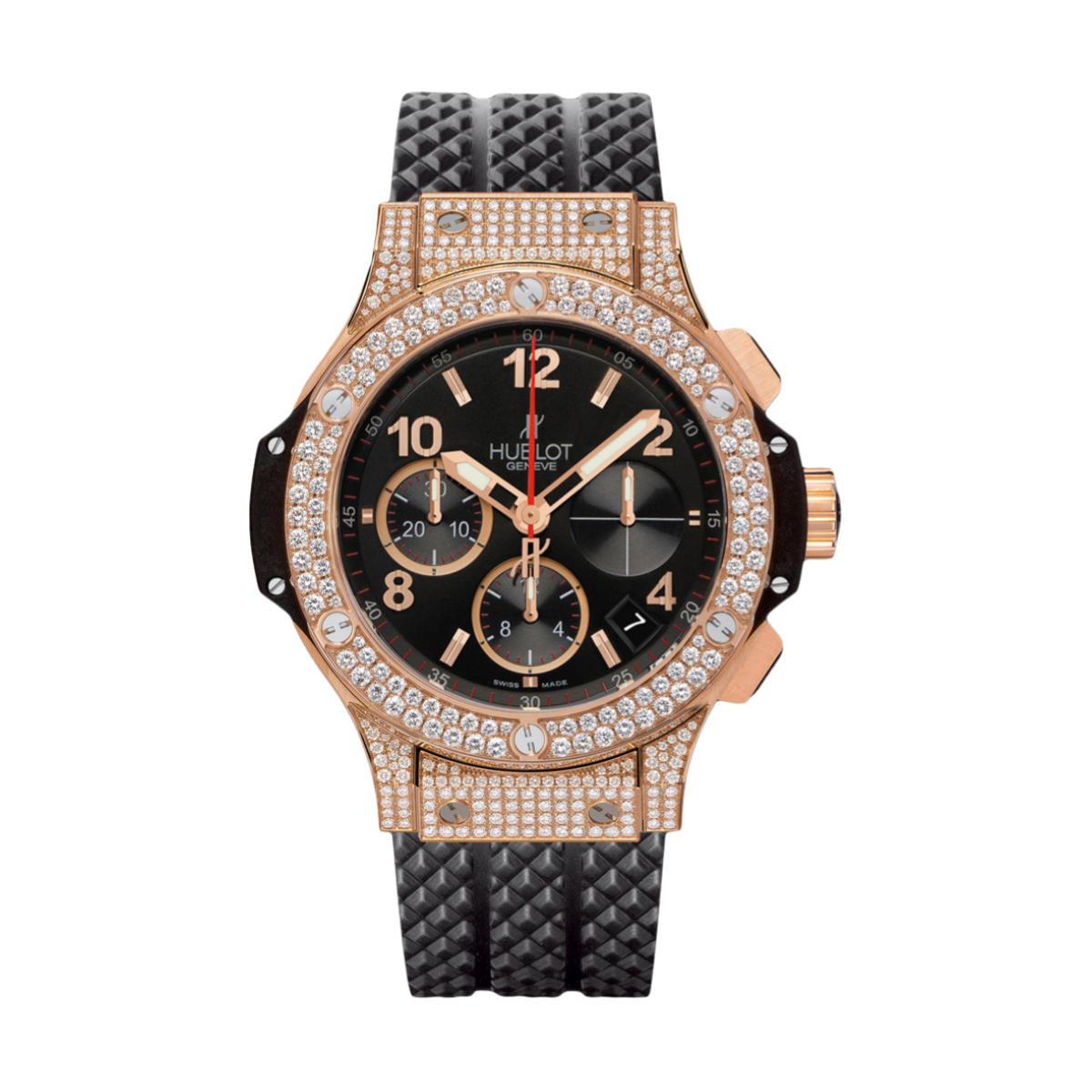 Hublot Big Bang 41mm Watch 341.PX.130.RX.174  Black Dial & Diamond Bezel in 18K Rose Gold Diamond Case, Black Structured Rubber Strap