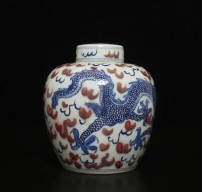 Old Antique Chinese Blue & White Porcelain Lid Pot w/ dragon
