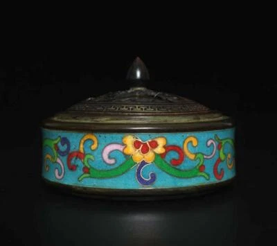 Qianlong Signed Old Chinese Bronze Cloisonne Enamel Lid Incense Burner w/flowers